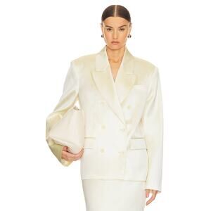Helsa Heavy Satin Double Breasted Blazer Jacket Career Shoulder Pads Bone M